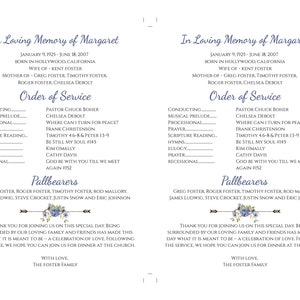 May include: A blue and white floral memorial service program with the text "In Loving Memory of Margaret" and the dates "January 9, 1925 - June 18, 2007". The program includes the order of service, pallbearers, and a message from the Foster family.