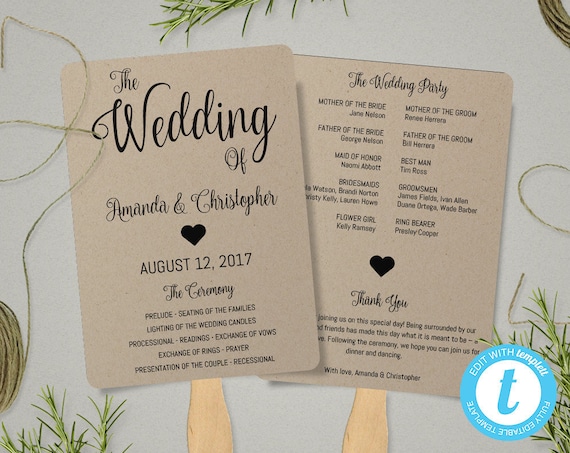 Rustic Program Fan Template For Wedding Fan Wedding Program Etsy