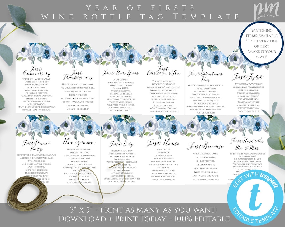 A Year of Firsts Wine Bottle Tag Template, Blue Floral Wedding