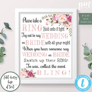 Pink Floral Boho Put a Ring On It Game Sign Template for Bridal Shower, Wedding Shower Game, Editable Game, Printable Floral Ring Game, WSBH