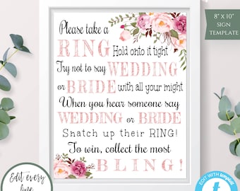 Pink Floral Boho Put a Ring On It Game Sign Template for Bridal Shower, Wedding Shower Game, Editable Game, Printable Floral Ring Game, WSBH