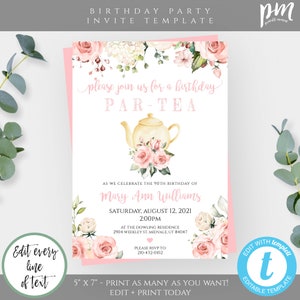 May include: A pink and white floral birthday party invitation with a teapot and the text "Please join us for a birthday Par-Tea" and "As we celebrate the 90th birthday of Mary Ann Williams".