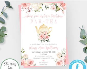 Puede incluir: Una invitación de fiesta de cumpleaños floral rosa y blanca con una tetera y el texto "Please join us for a birthday Par-Tea" y "As we celebrate the 90th birthday of Mary Ann Williams".