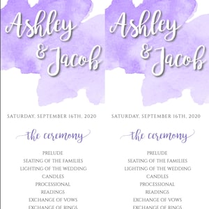 Purple Watercolor Wedding Program Template 1/2 Page Printable - Etsy