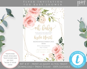 Op de afbeelding: Een printbare baby shower uitnodiging met een gouden geometrisch frame en roze en witte bloemenillustraties. De tekst luidt "oh baby" en "Sluit je aan bij ons voor een baby shower ter ere van de aanstaande mama Kylee North" met de datum en tijd van het evenement. De uitnodiging is 8,5 inch bij 11 inch en is 100% bewerkbaar.