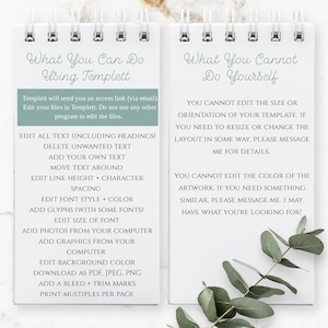 May include: A white and green checklist on a notebook page with the title "What You Can Do Using Templett" and "What You Cannot Do Yourself". The checklist lists the features you can edit using Templett and the features you cannot edit.