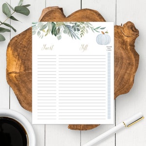 May include: A printable guest list and gift tracker with a watercolor floral border and a white pumpkin graphic. The text "Guest" and "Gift" are written in gold script. The text "Thank You Card" is written in black text.
