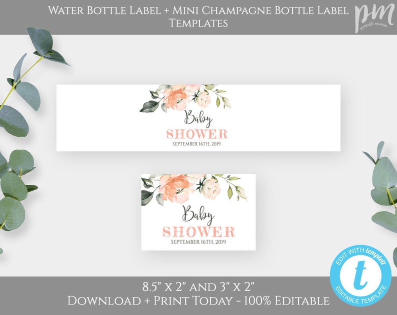 BSP2 Mini Champagne Bottle Label Templates Peach Floral Watercolor Baby Shower Decor for Girl DIY Editable Template Water Bottle Label