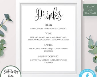 Wedding Drink Menu Sign, Minimalist Drinks Sign, Editable Bar Menu Sign, Classic Drinks Sign, Printable Drink Menu, Black + White Menu, WBWC