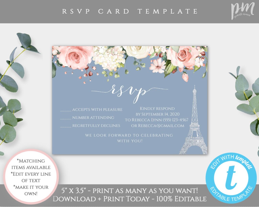 Paris Birthday RSVP Template, Dusty Blue Rsvp, Floral Watercolor ...