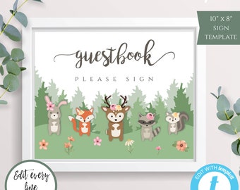 Woodland Animal Girl Baby Shower Guestbook Sign Template, Rustic Guestbook Sign, Forest Animal Baby Shower, Pink Floral Shower Sign, BSW3