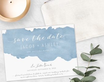 Dusty Blue Watercolor Save The Date Invitation Template, Printable Light Blue Save The Date, DIY Editable Template,  Instant Download, WBDB