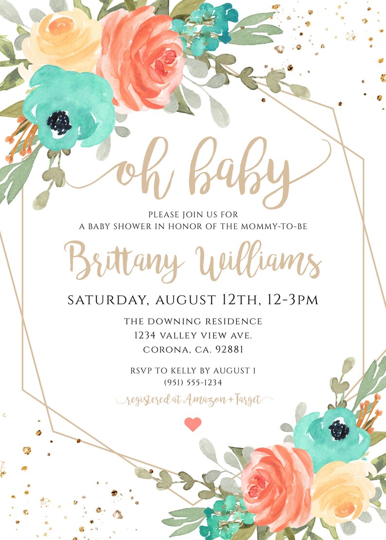 May include: A baby shower invitation with a peach, yellow, and teal floral design. The invitation reads "oh baby" and includes the name "Brittany Williams". The invitation details the date, time, location, and RSVP information.