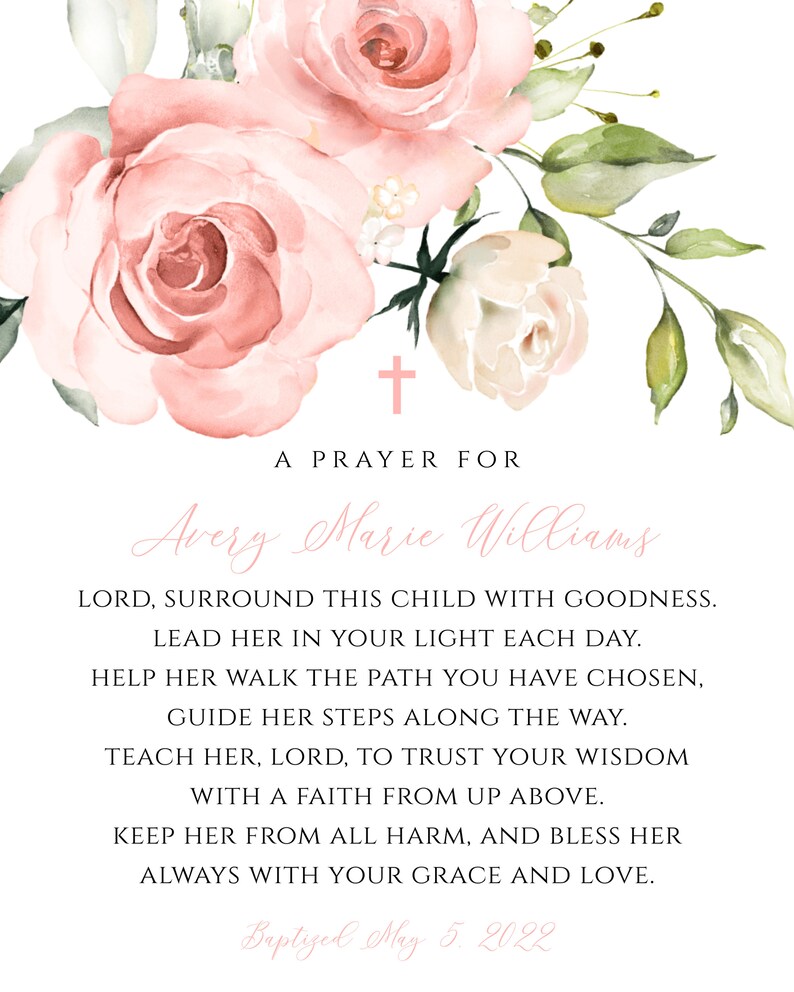 Puede incluir: Una ilustraci&oacute;n de acuarela de rosas rosadas con hojas verdes. El texto dice "Una oraci&oacute;n para Avery Marie Williams" y "Bautizada el 5 de mayo de 2022".