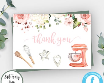 Baking Thank You Card Template, Kid's  Birthday Cake Decorating Thank You, Editable Template, Baking Birthday Party Thank You Flat Card BPBC
