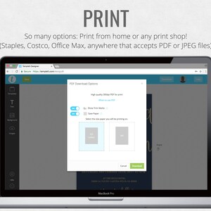 May include: Screenshot of a computer screen showing a website for creating and printing invitations. The website is called "Template Designer" and the text "PDF Download Options" is visible. The user can choose to download a high quality 300dpi PDF for printing, show trim marks, and save paper.