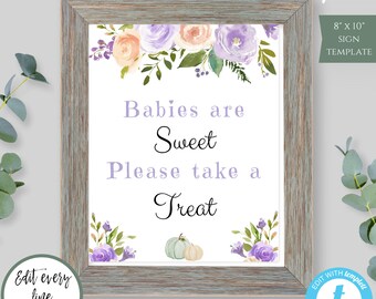 Babies are Sweet Please Take a Treat Fall Baby Shower Pumpkin Sign Template with Purple Watercolor Flowers, Editable Girl Baby Shower, BSLP