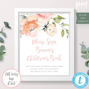Shower Guestbook Sign, Please Sign Our Children&#39;s Book, Baby Guest Book, Peach Floral Baby Shower Sign, Editable Template Printable, BSP2