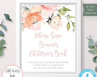 Shower Guestbook Sign, Please Sign Our Children's Book, Baby Guest Book, Peach Floral Baby Shower Sign, Editable Template Printable, BSP2