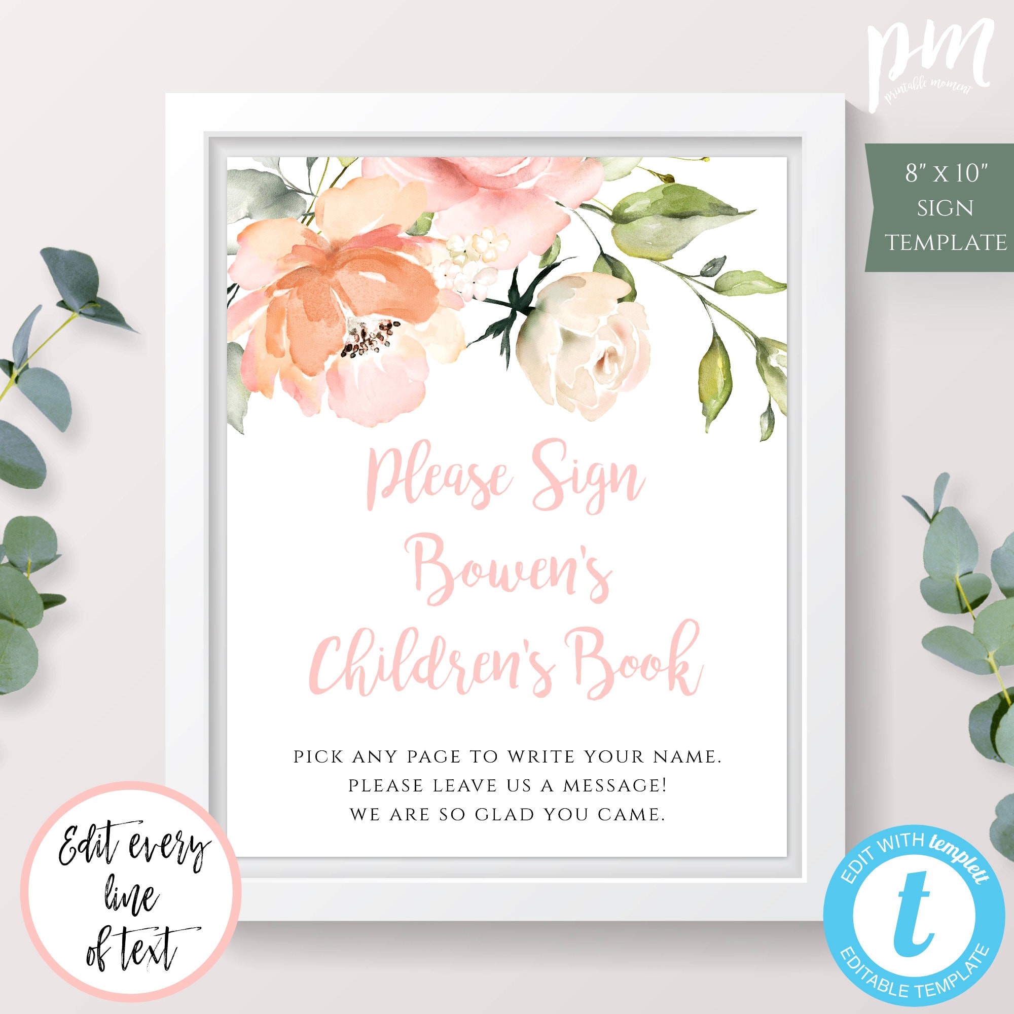 Printable Guest Book Sign Eucalyptus Watercolor Baby Shower Greenery  Leaves, Please Sign the Guest Book Non-editable Instant Download 