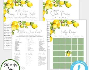Lemon Baby Shower Game Template Set, Game Bundle for Lemon Baby Shower, DIY Editable Games, Printable Games, Citrus Baby Shower, LBS
