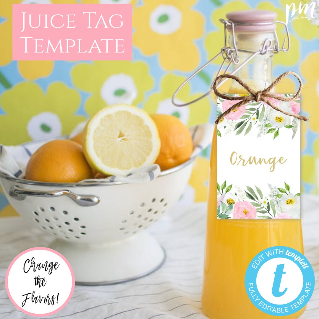 Pink and Gold Juice Tag Template, Mixers Tag Template, Printable Bridal ...