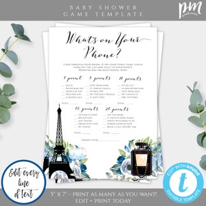 Puede incluir: Una plantilla de juego de baby shower imprimible con un tema parisino. El juego se llama "What's on Your Phone?" y pide a los invitados que revisen sus teléfonos en busca de elementos como selfies, mensajes de texto y aplicaciones. La plantilla presenta una ilustración de acuarela de la Torre Eiffel, una copa de champán y un frasco de perfume.
