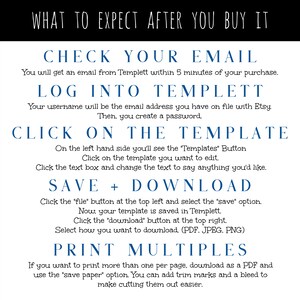 Puede incluir: Un gr&aacute;fico blanco y azul con instrucciones sobre c&oacute;mo usar Templett, un servicio de plantillas en l&iacute;nea. El gr&aacute;fico incluye el texto "What to expect after you buy it", "Check your email", "Log into Templett", "Click on the template", "Save + Download", y "Print multiples".