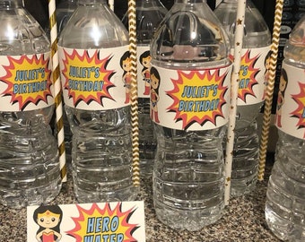 Superhero Birthday Party Water Bottle Label Template for Girl, Printable Super Hero Water Bottle Label Personalized Water Bottle Label, BPSW