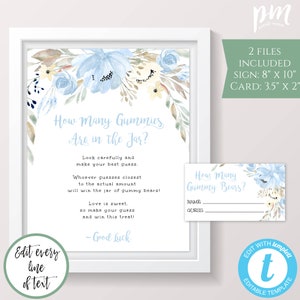 Blue Floral Guess How Many Baby Shower Game, Guessing Game, Printable Baby Shower Game, DIY Editable Sign + Card, Gummy Bear, BSBF
