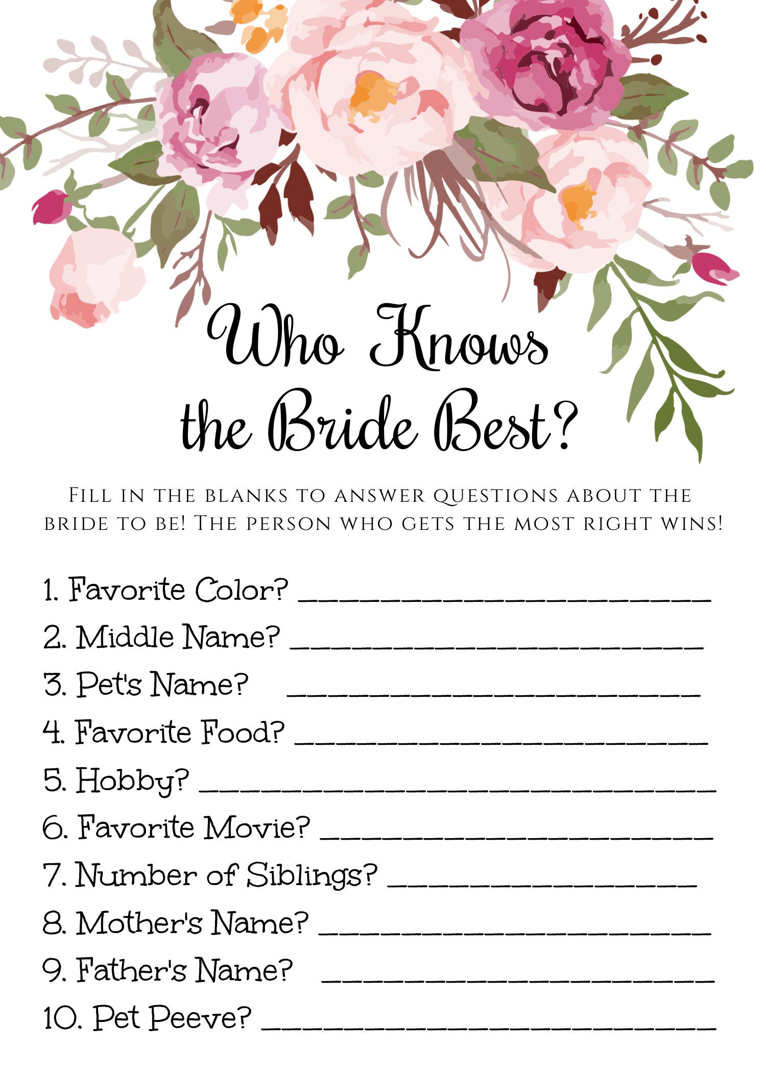 Pink Floral Who Knows the Bride Best Game Template for Bridal | Etsy