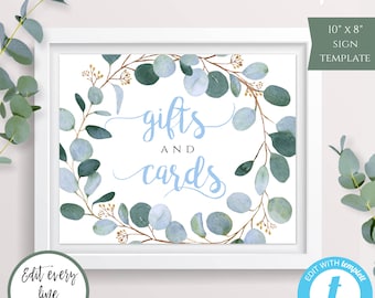 Greenery Gifts and Cards Sign Template, Gifts Sign for Boy Baby Shower, EDITABLE Baby Boy DIY Cards Table Sign, Baptism Table Decor,  BAP2