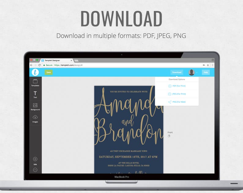 May include: A laptop screen displays a wedding invitation design with the names "Amanda and Brandon" in gold script. The screen shows download options for PDF, JPEG, and PNG formats. The word "DOWNLOAD" is at the top.