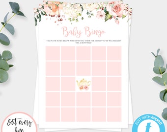 Baby Bingo Game Card Template, Baby Shower Activity, Printable Game, Pink Floral Baby is Brewing Game, Tea Party Editable Present Game, BSP2