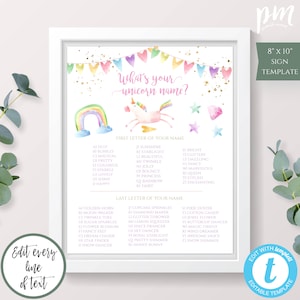 What&#39;s Your Unicorn Name Birthday Activity Sign Template 8 x 10, Unicorn Sign Decor for Girl Birthday Party, Edit + Print Yourself, BPU