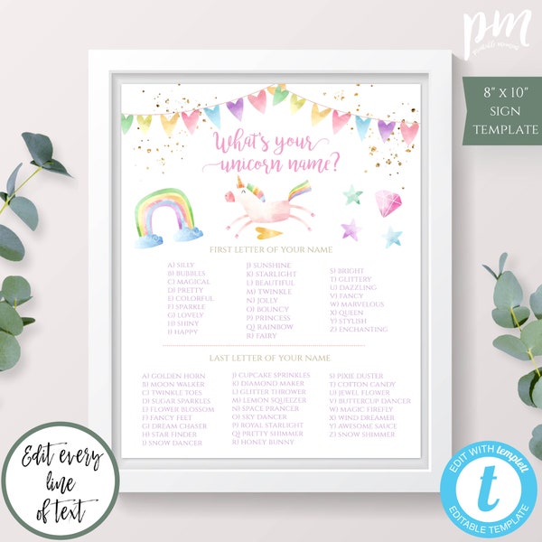 What's Your Unicorn Name Birthday Activity Sign Template 8 x 10, Unicorn Sign Decor for Girl Birthday Party, Edit + Print Yourself, BPU
