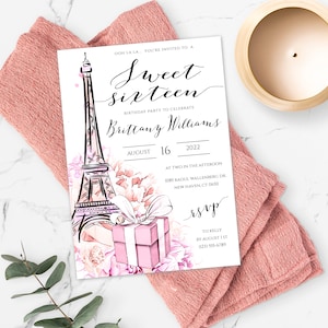 Sweet 16 Invitation Template, Paris Birthday Invite With Back Side Included, French Theme Printable Birthday Invitation, Eiffel Tower, BSPP
