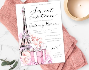 Sweet 16 Invitation Template, Paris Birthday Invite With Back Side Included, French Theme Printable Birthday Invitation, Eiffel Tower, BSPP