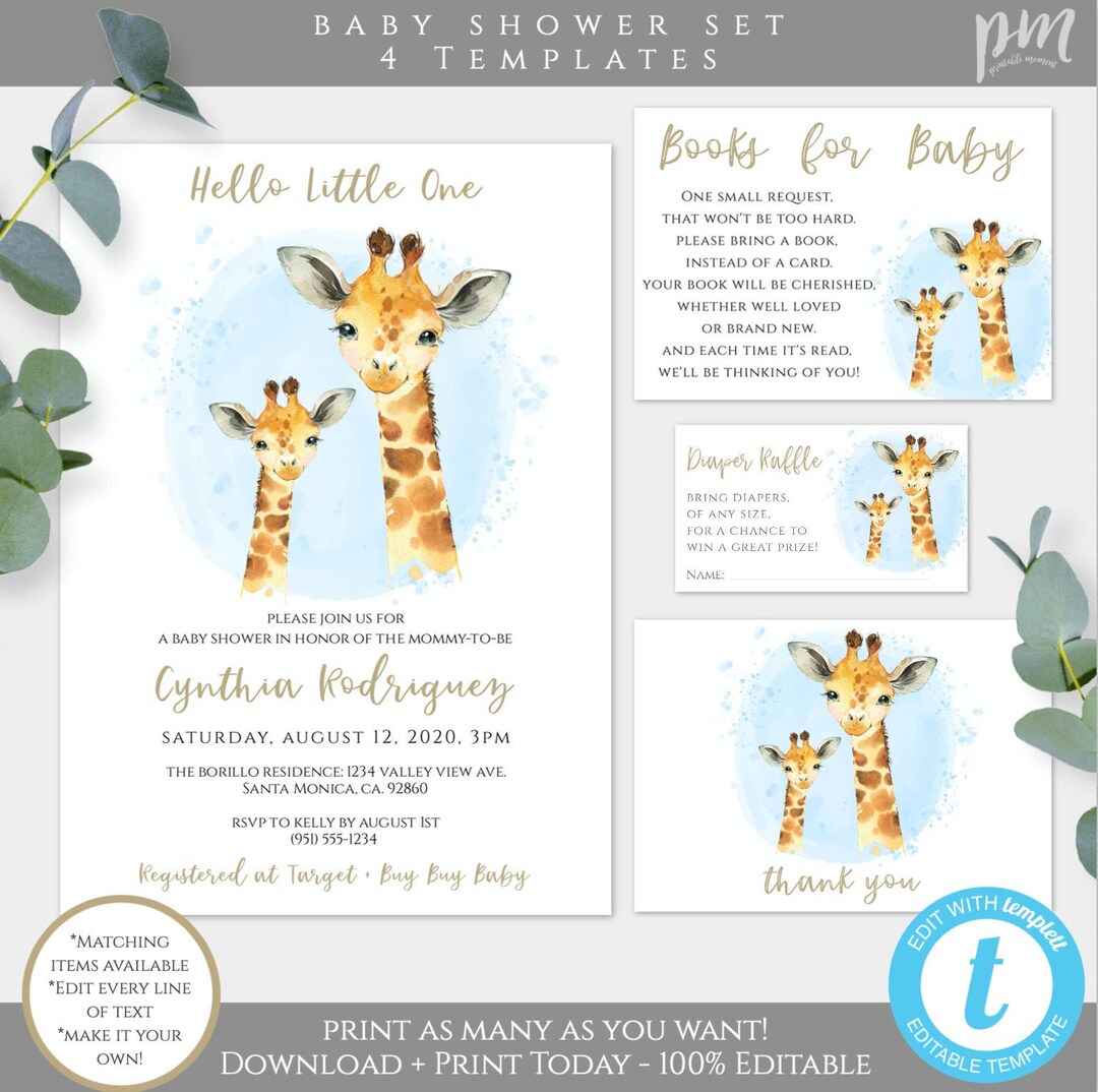 Giraffe Baby Shower Invitation Template Set for Boy, Hello Little One ...