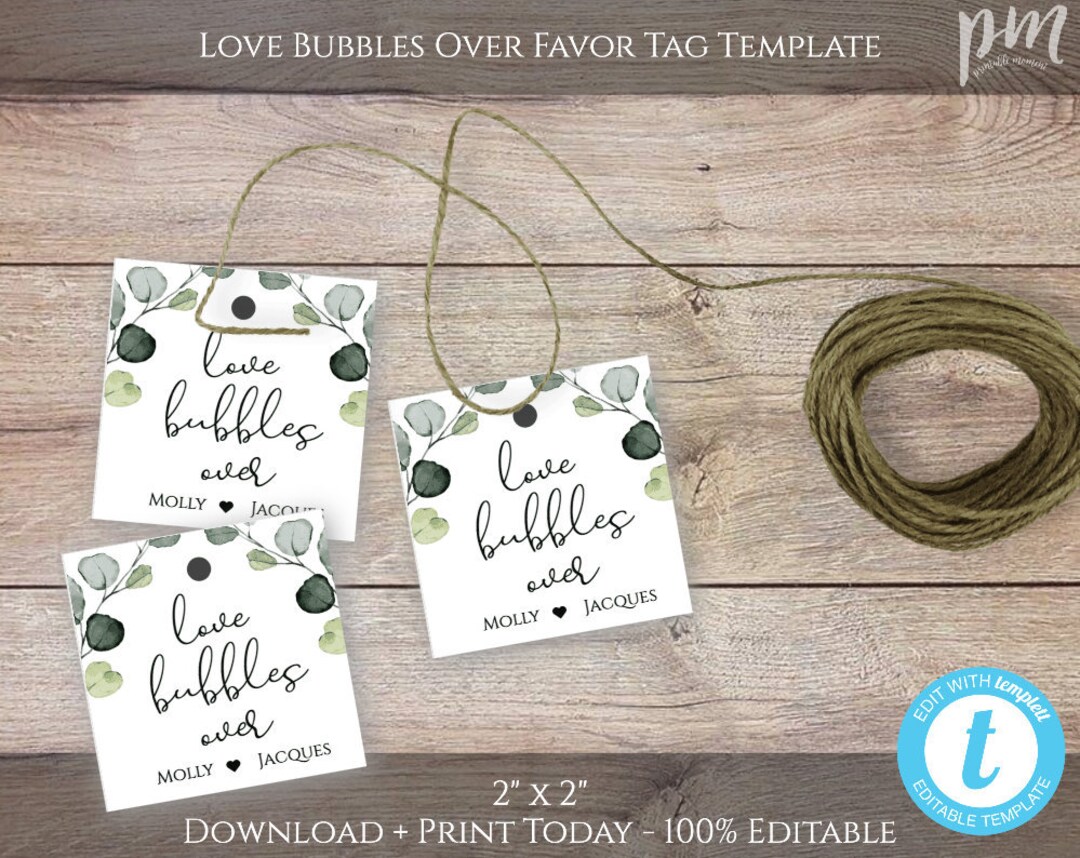 Love Bubbles Over Greenery Favor Tag Template, Editable Wedding Shower ...