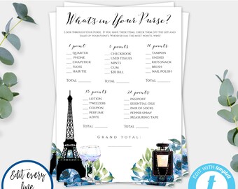 What's In Your Purse Paris Baby Shower Game Template, French Shower Game, Eiffel Tower Game, Printable Game, Blue Floral PDF, 5x7 Game, BFP