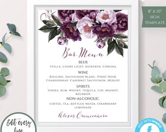 Purple Floral Bar Menu Sign Template, Editable Quinceanera Drinks Sign, Printable Bar Sign, Editable Drinks Sign, Signature Drinks Sign, PQ