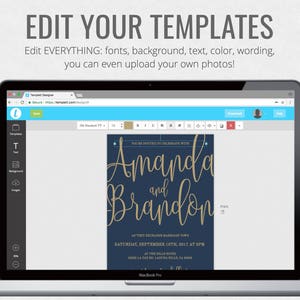 Puede incluir: Una captura de pantalla de una computadora que muestra un sitio web para crear y editar invitaciones de boda. La plantilla de invitaci&oacute;n presenta un fondo azul marino con texto dorado que dice "You're invited to celebrate with Amanda and Brandon".