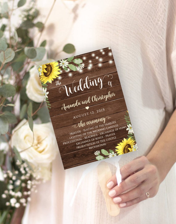 Sunflower Program Fan Template for Wedding, Barn Wedding, Rustic Fan Printable Program, Editable Ceremony Program Fan, WBSF