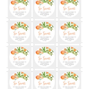 May include: Nine orange and white favor tags with the text "So Sweet" and "Of you to come to Courtney's Baby Shower 11.3.21". The tags are decorated with watercolor illustrations of oranges and leaves.