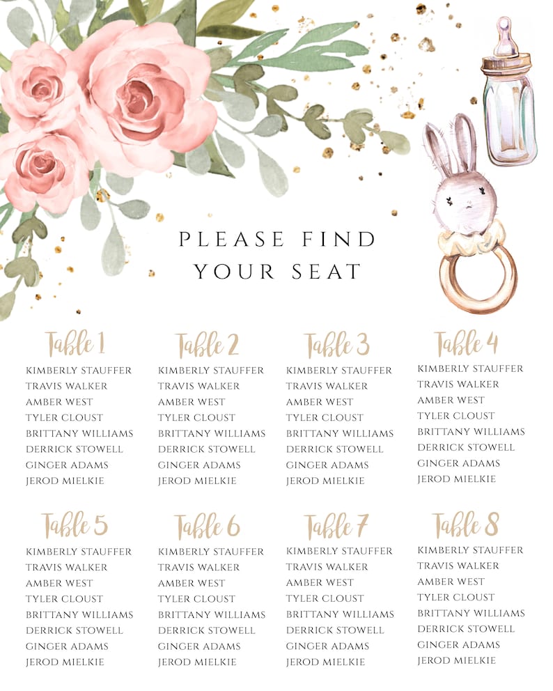 Seating Chart Template for Baby Shower, Seating Plan, Find Your Seat ...
