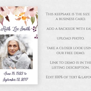 May include: A printable memorial card with a floral design in shades of pink, orange, and purple. The card features a photo of a woman with gray hair and a white scarf. The text on the card reads "Ruth Lee Smith" and "June 18, 1923 to September 12, 2017".