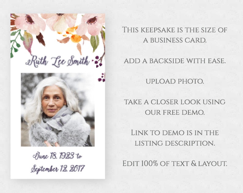 May include: A printable memorial card with a floral design in shades of pink, orange, and purple. The card features a photo of a woman with gray hair and a white scarf. The text on the card reads "Ruth Lee Smith" and "June 18, 1923 to September 12, 2017".