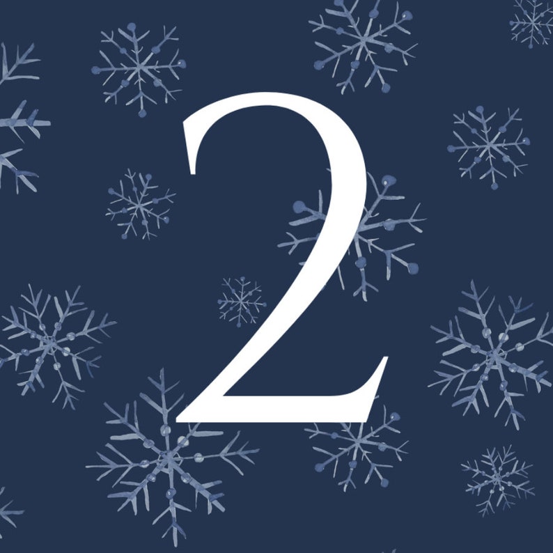 May include: A white number "2" on a dark blue background with a snowflake pattern.