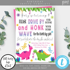 Dinosaur Drive By Birthday Parade Invitation Template for Girl, Drive By Kid&#39;s Birthday Party, Digital Invitation, Parade Birthday Honk Wave